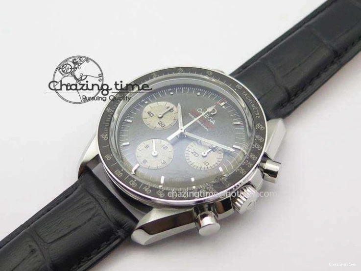 0322 Minimalist Speedmaster Apollo XVII Gray Dial On Black Leather Strap Manual Winding Chrono Movement 8222